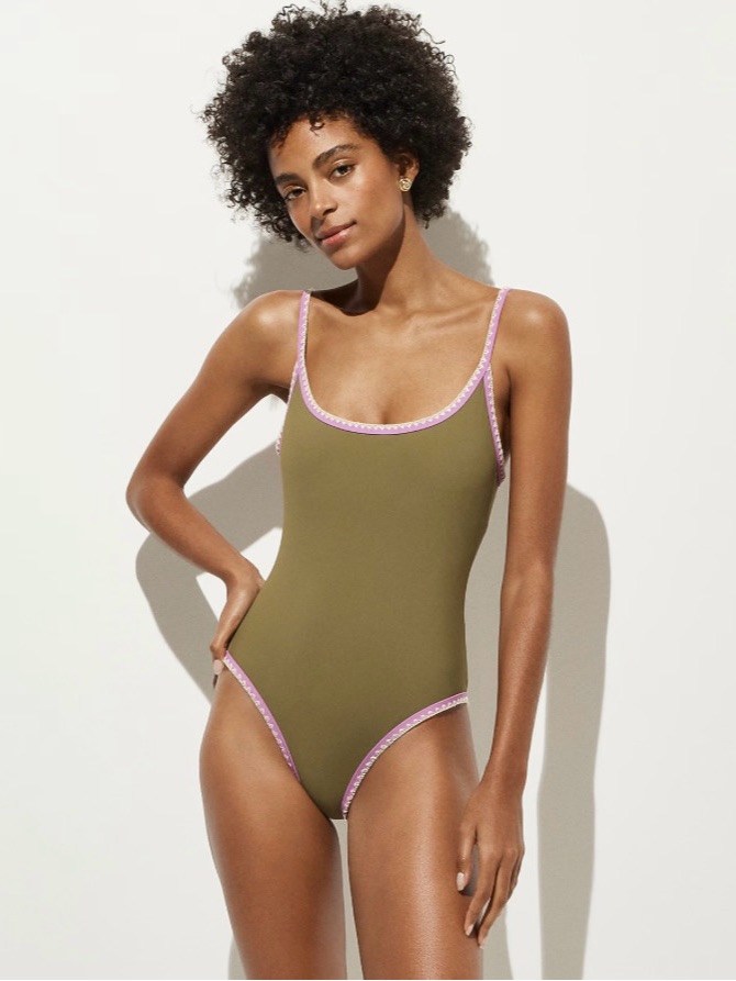 J. Crew Crochet-Trim Scoopback One-Piece Tuscan Olive Green